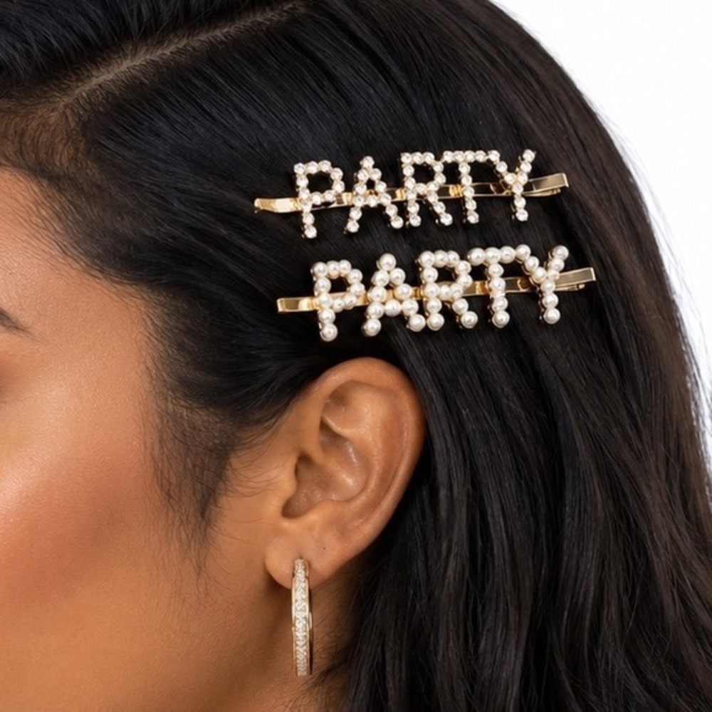H&M PARTY Hair Clip Set Gold Tone Rhinestone Pearl Bobby Pins 2pc New Chic J-01